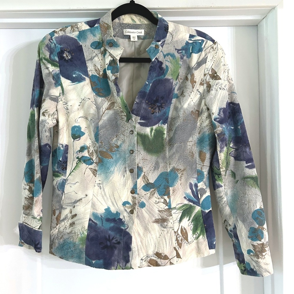 Coldwater Creek Floral Mandarin Collar Blazer Blue Green Textured Jacket 10